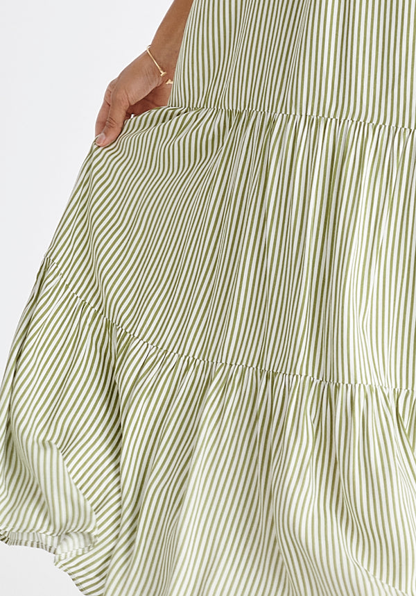 Tiered Halterneck Maxi Dress in Green and White Close Up