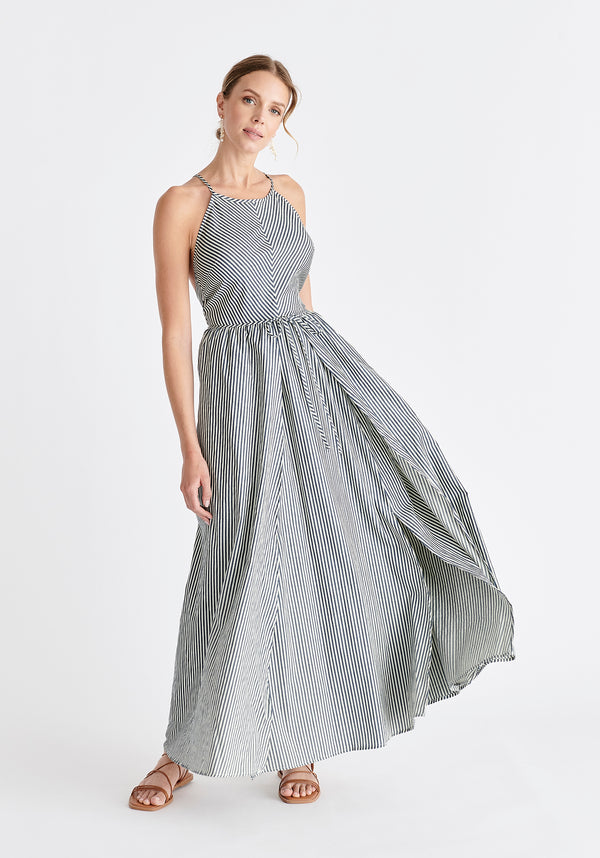 Open Back Maxi Dress in Navy and White