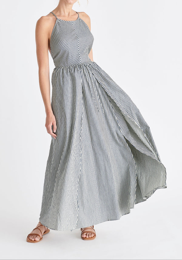 Open Back Maxi Dress in Navy and White