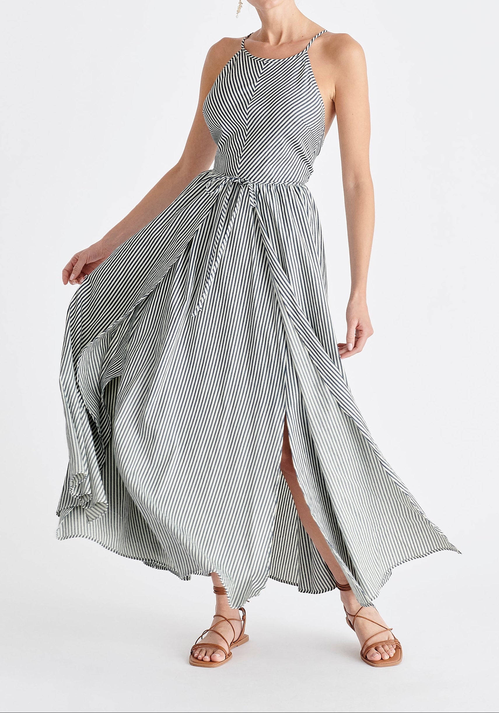 Open Back Maxi Dress in Navy and White
