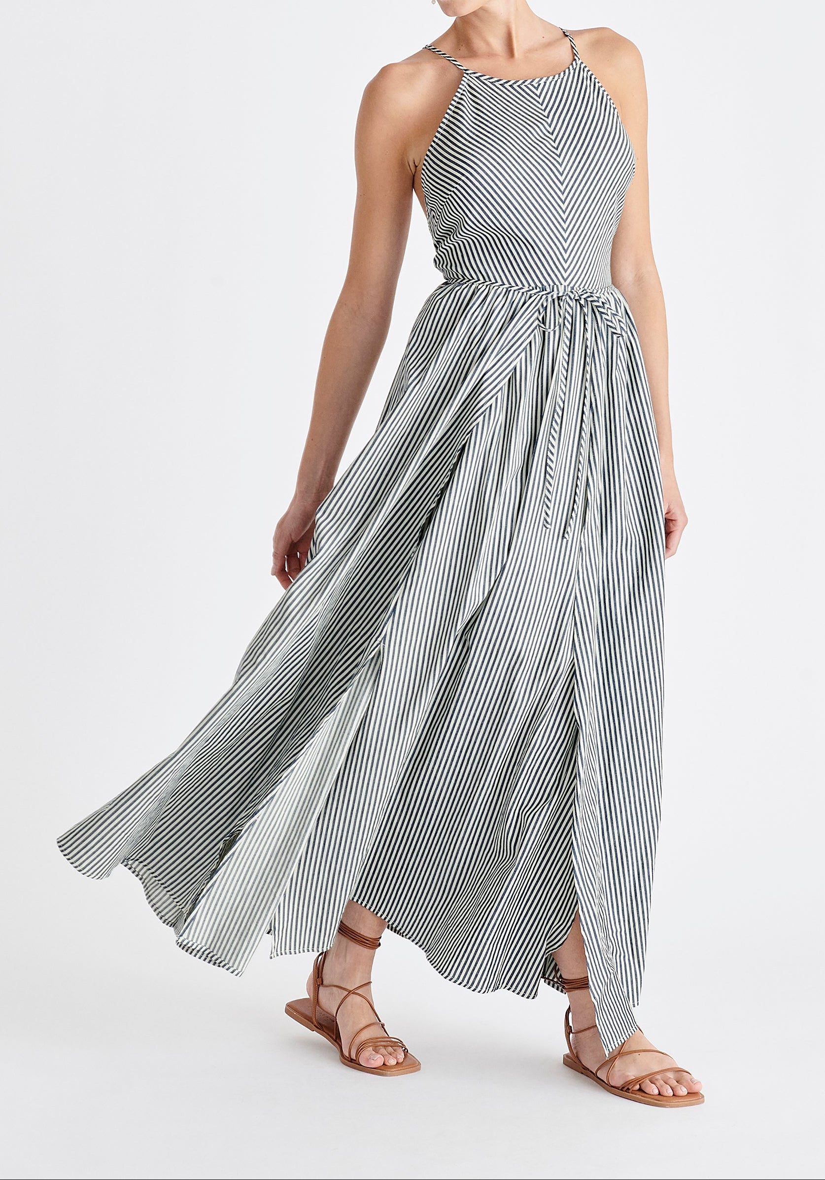 Open Back Maxi Dress in Navy and White