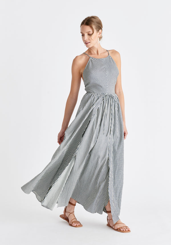 Open Back Maxi Dress in Navy and White