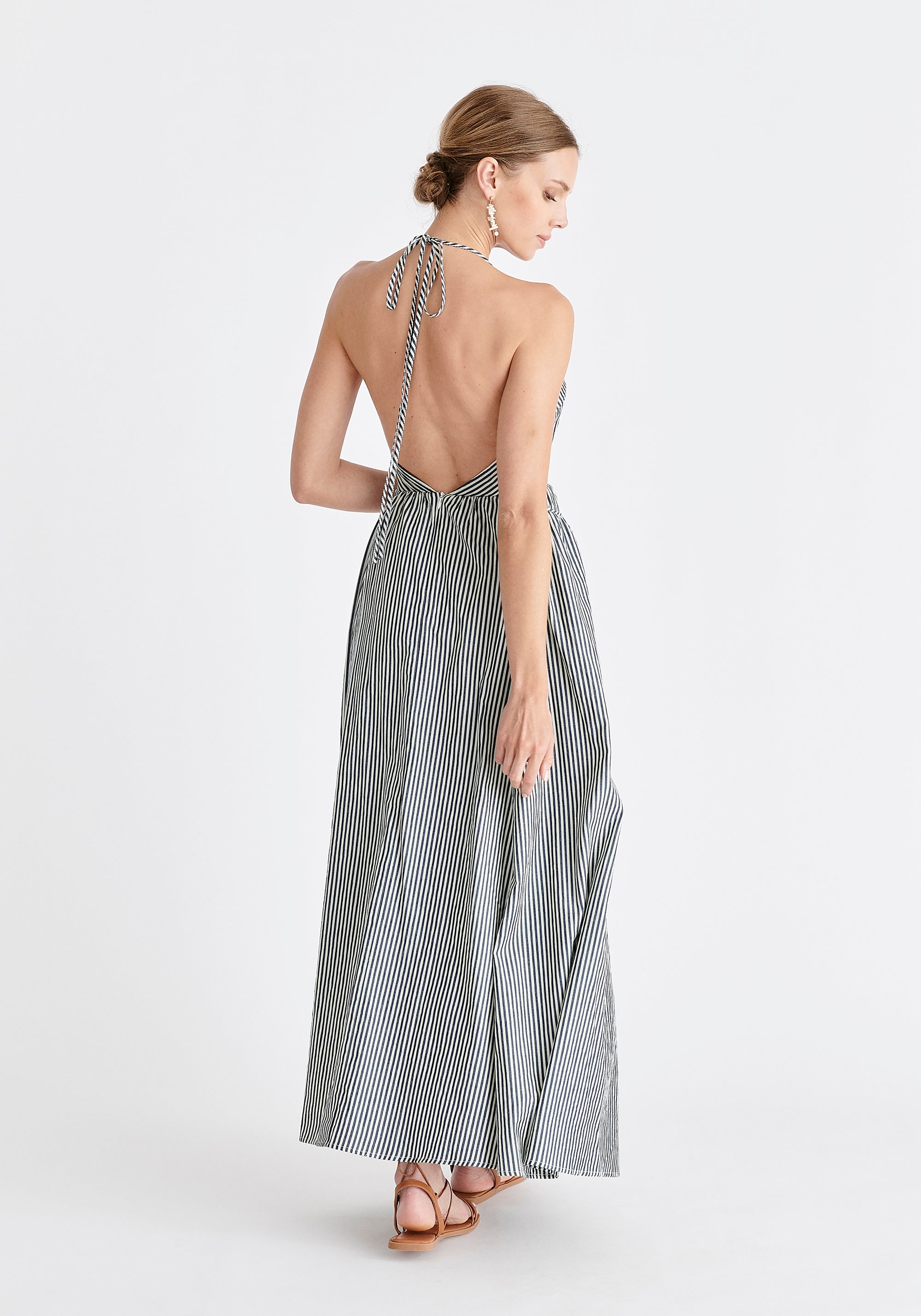 Open Back Maxi Dress in Navy and White Back