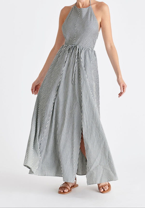 Open Back Maxi Dress in Navy and White