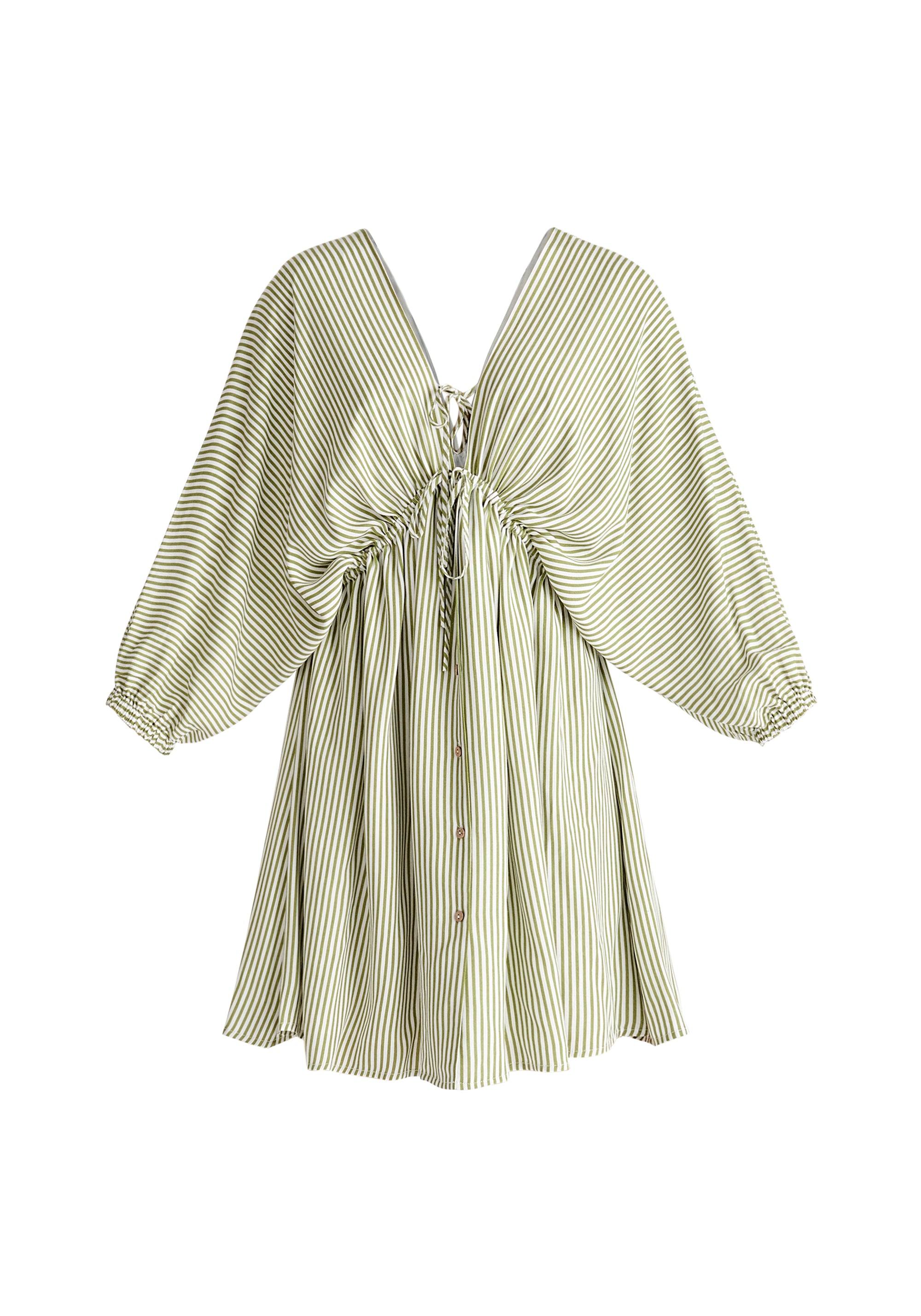 V-Neck Balloon Sleeve Dress in Green and White Cut Out