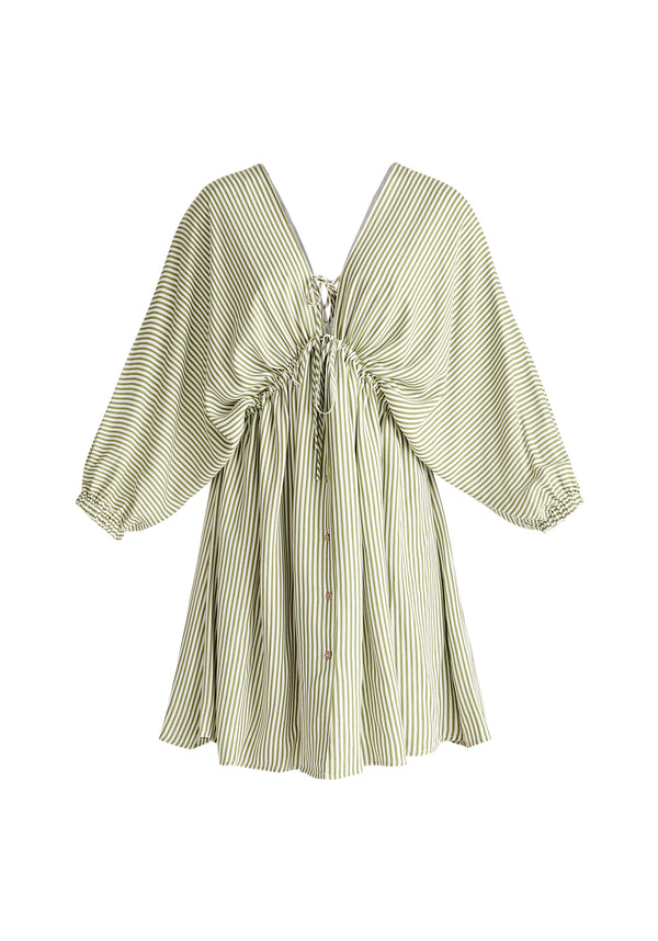 V-Neck Balloon Sleeve Dress in Green and White Cut Out