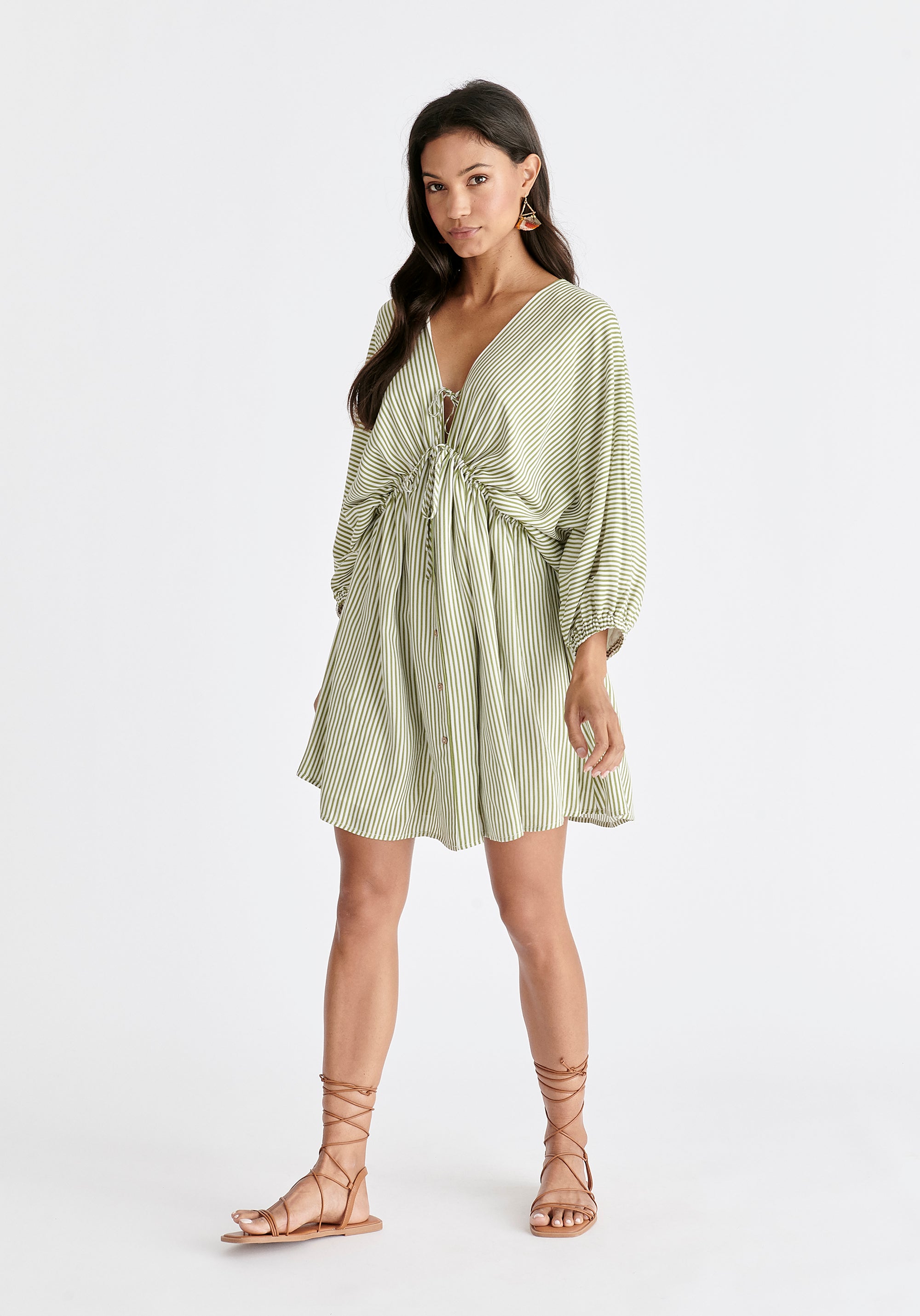 V-Neck Balloon Sleeve Dress in Green and White