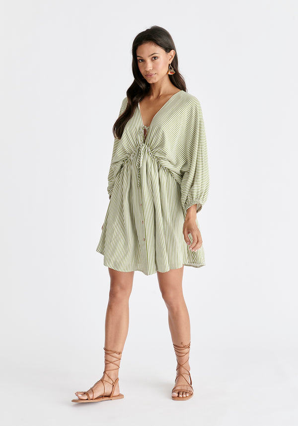 V-Neck Balloon Sleeve Dress in Green and White