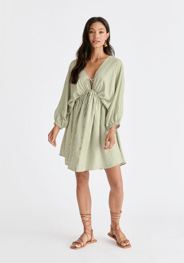 V-Neck Balloon Sleeve Dress in Green and White