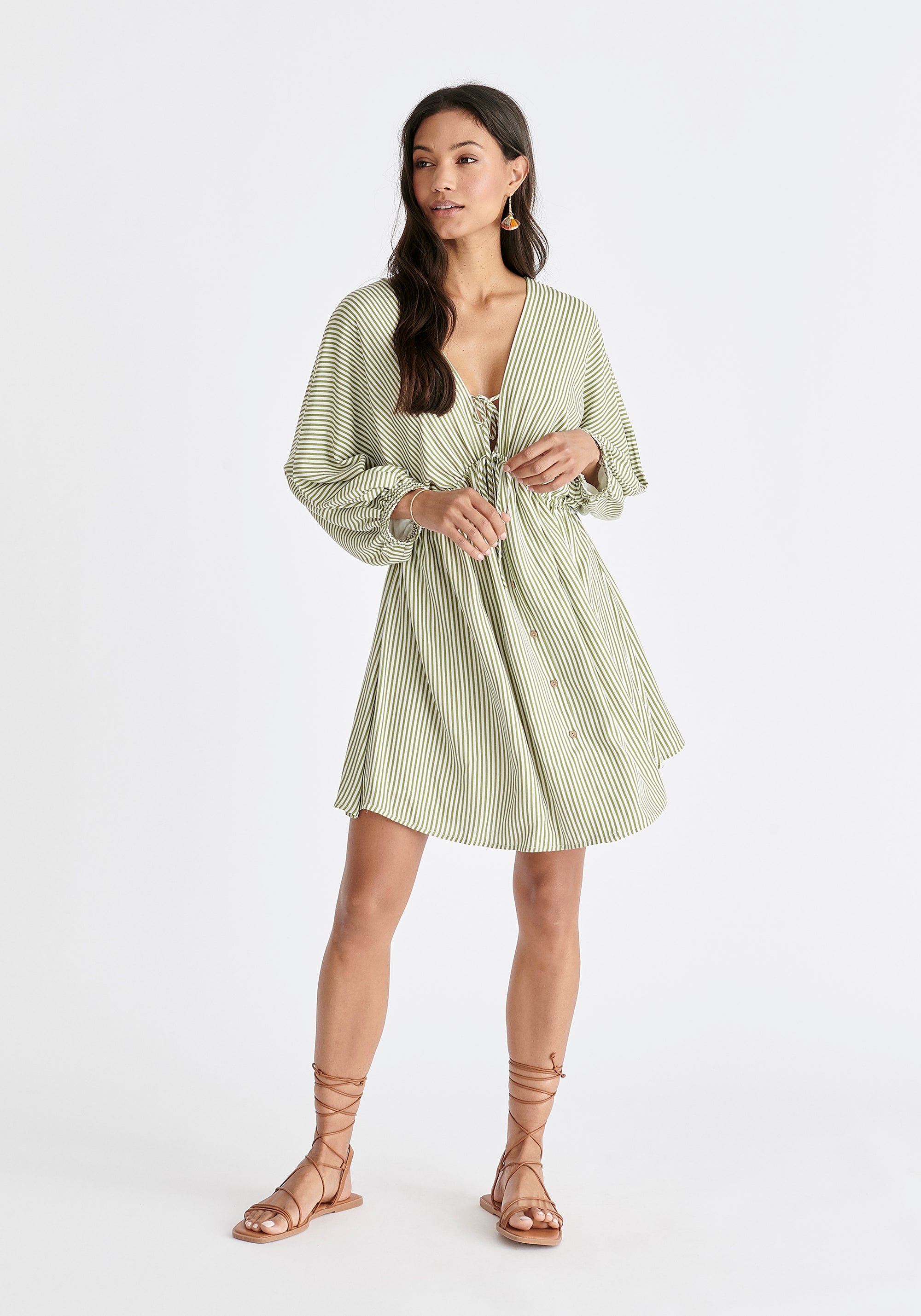 V-Neck Balloon Sleeve Dress in Green and White