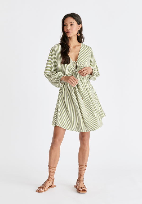 V-Neck Balloon Sleeve Dress in Green and White