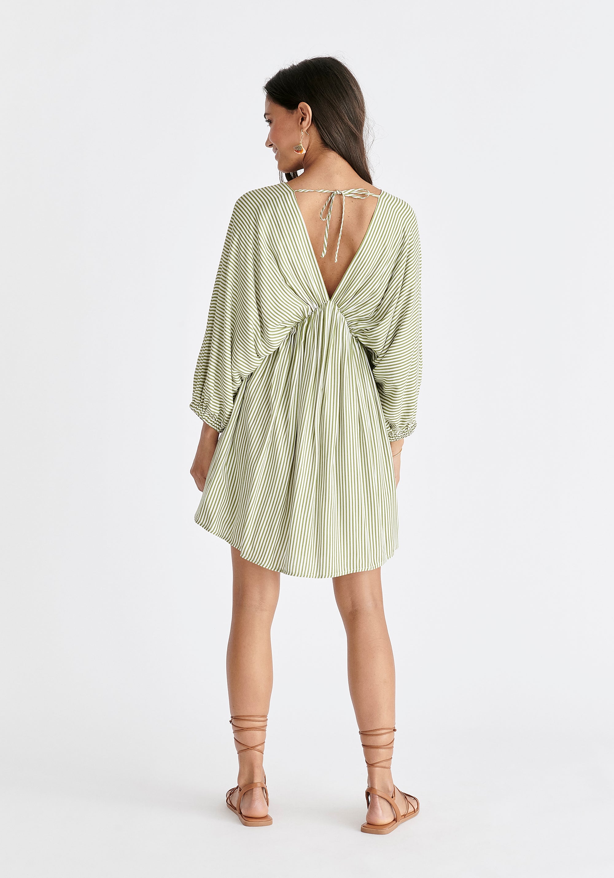 V-Neck Balloon Sleeve Dress in Green and White Back