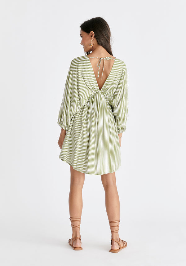 V-Neck Balloon Sleeve Dress in Green and White Back