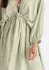 V-Neck Balloon Sleeve Dress in Green and White Close Up