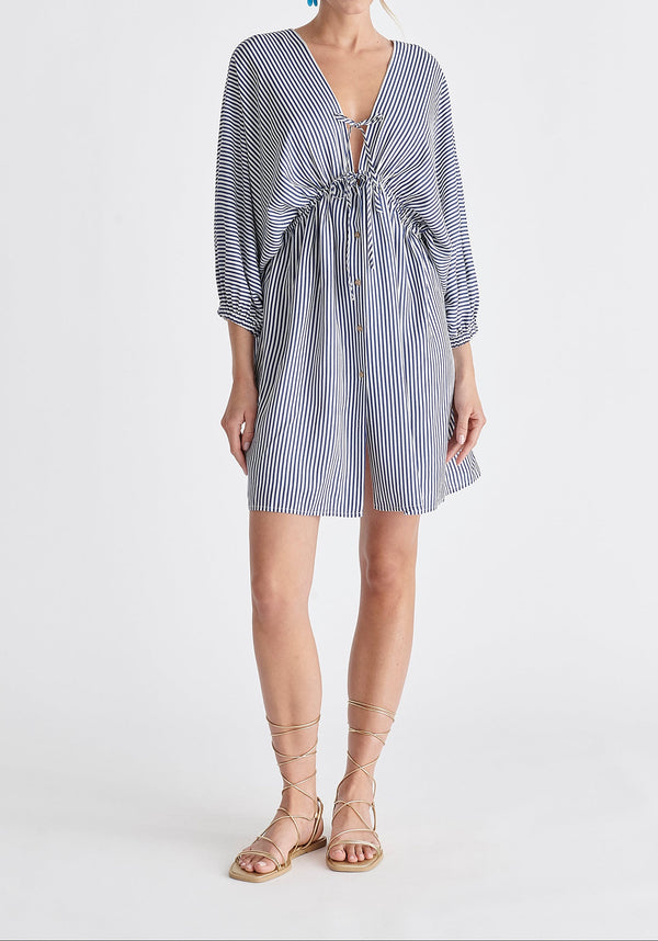 V-Neck Balloon Sleeve Dress in Blue and White