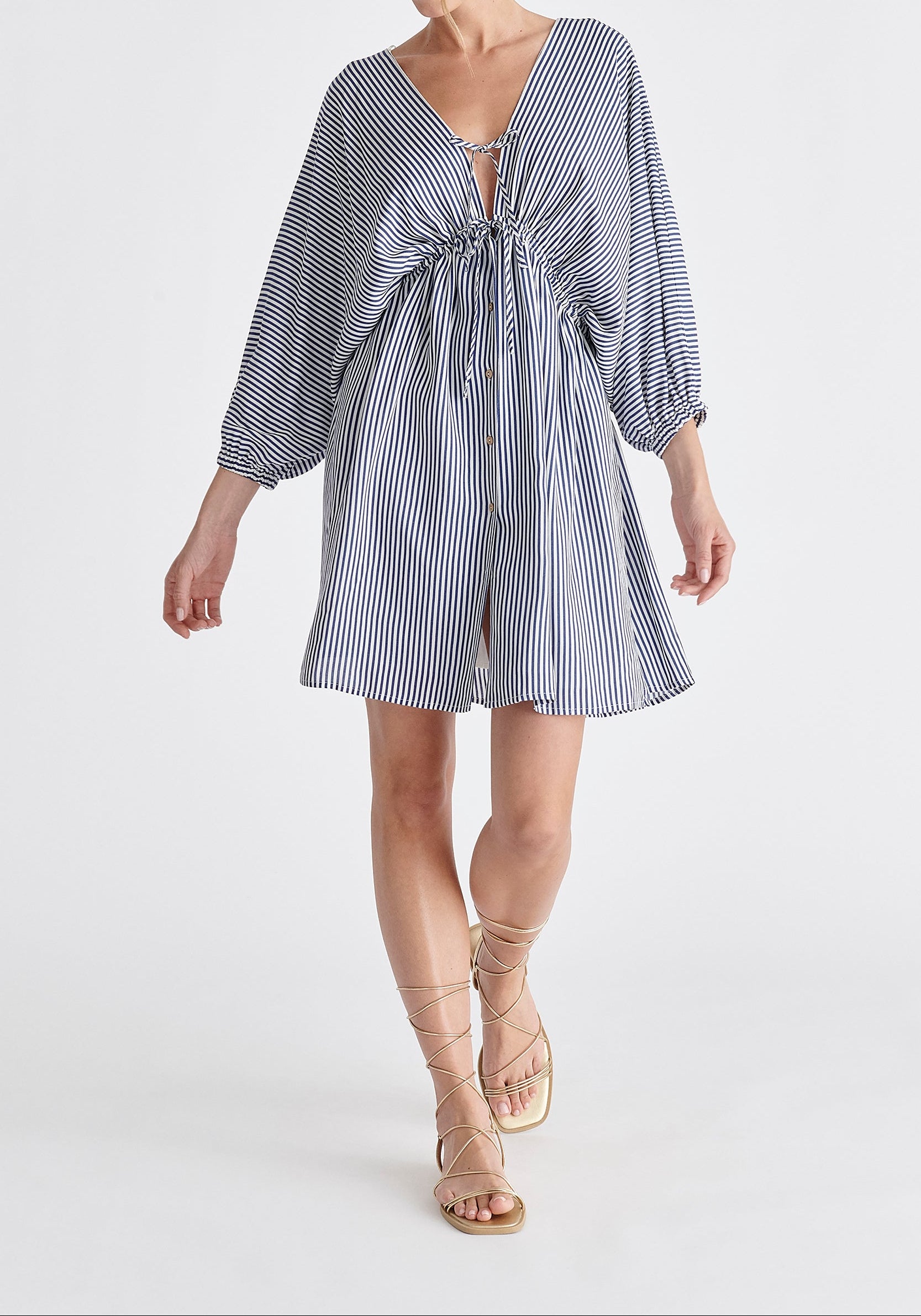V-Neck Balloon Sleeve Dress in Blue and White