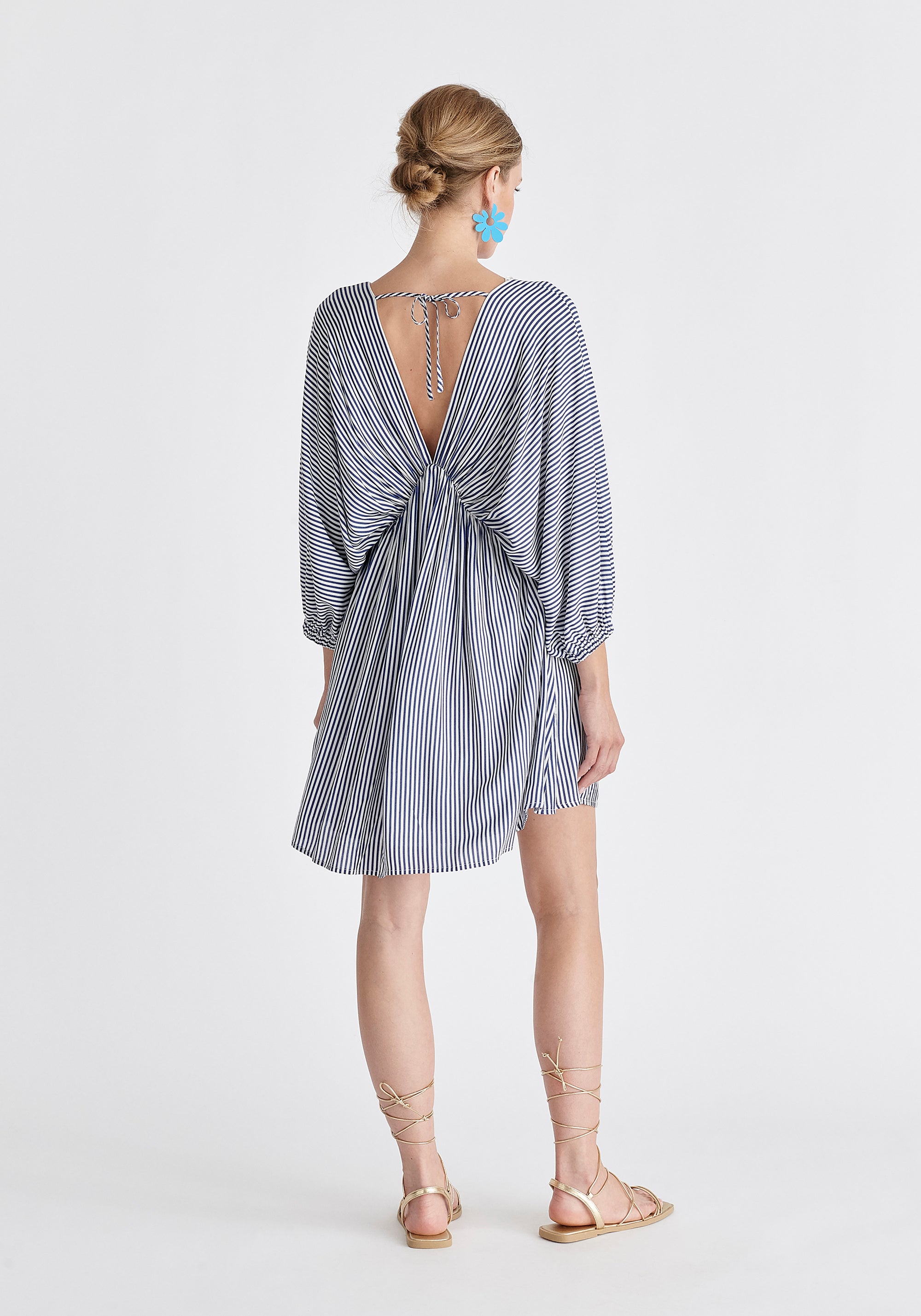 V-Neck Balloon Sleeve Dress in Blue and White Back