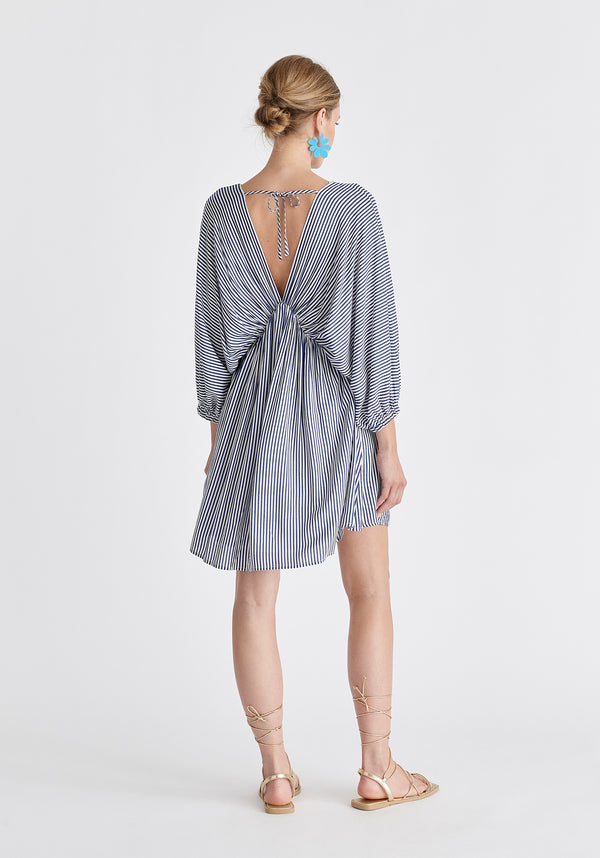 V-Neck Balloon Sleeve Dress in Blue and White Back