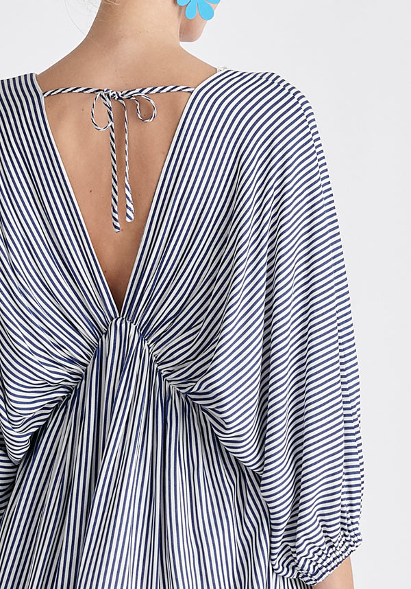 V-Neck Balloon Sleeve Dress in Blue and White Close Up
