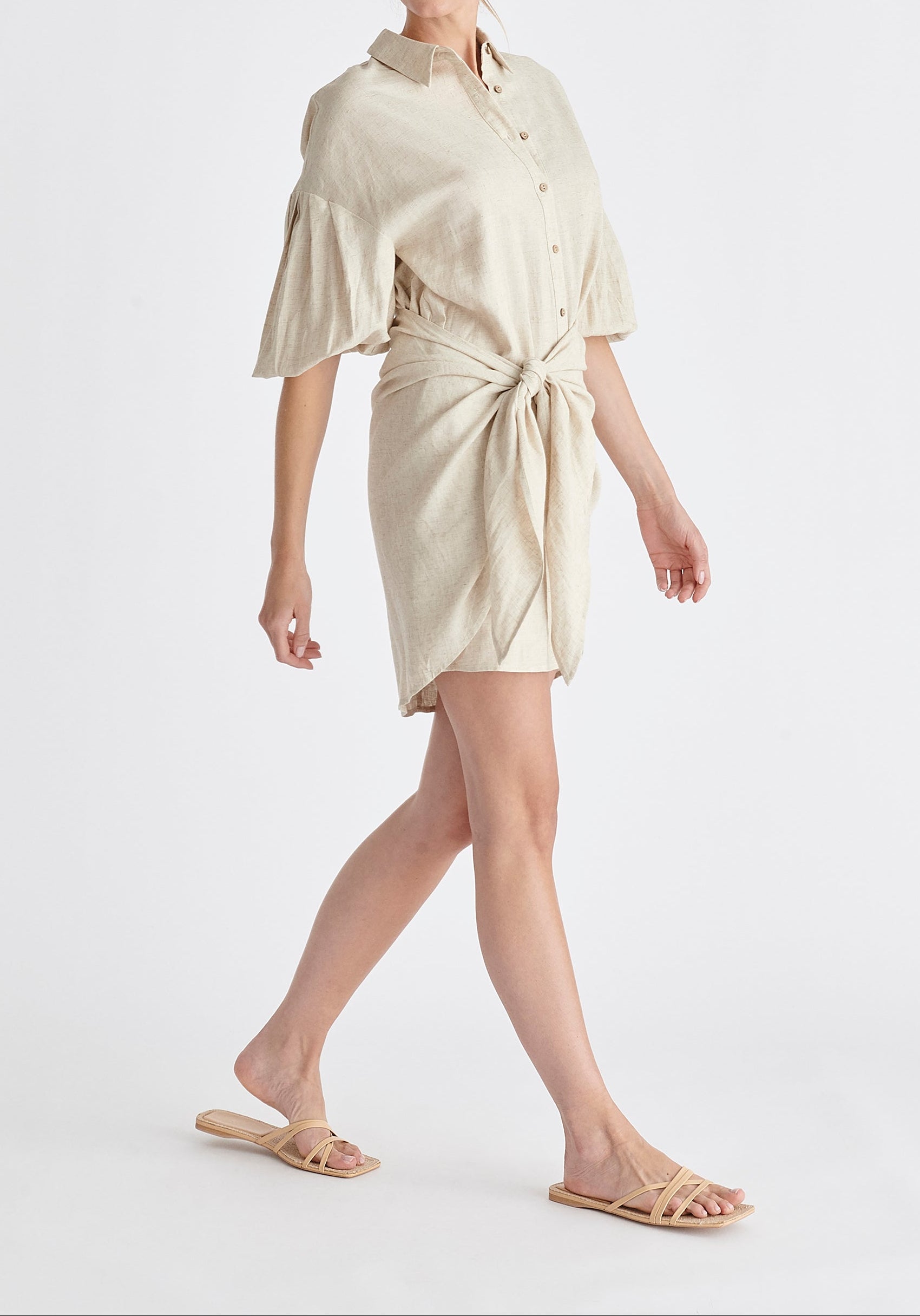 Linen Blend Shirt Dress in Oatmeal Side