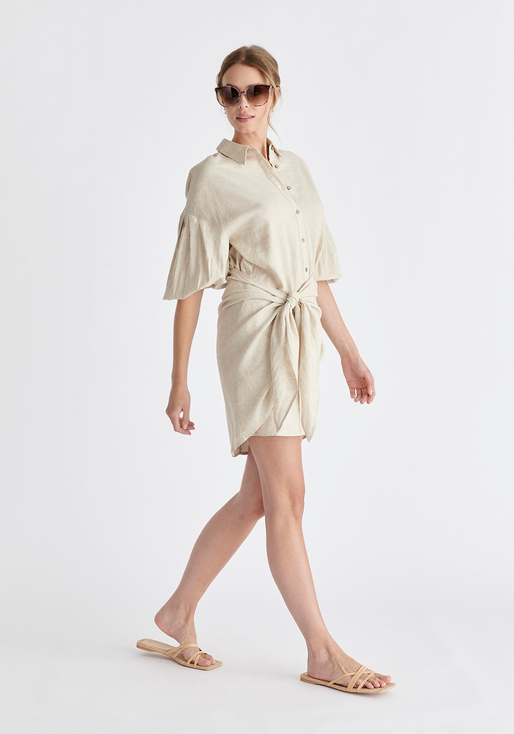 Linen Blend Shirt Dress in Oatmeal Side