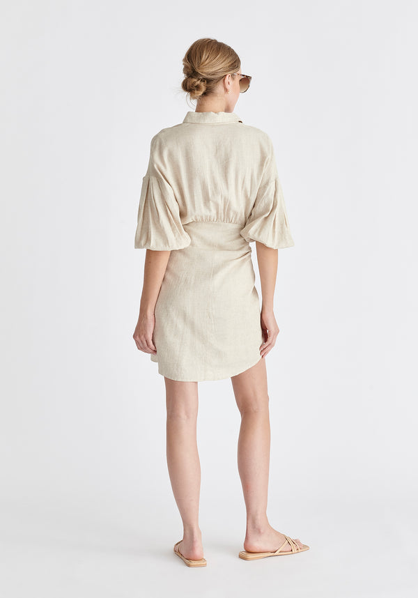 Linen Blend Shirt Dress in Oatmeal Back