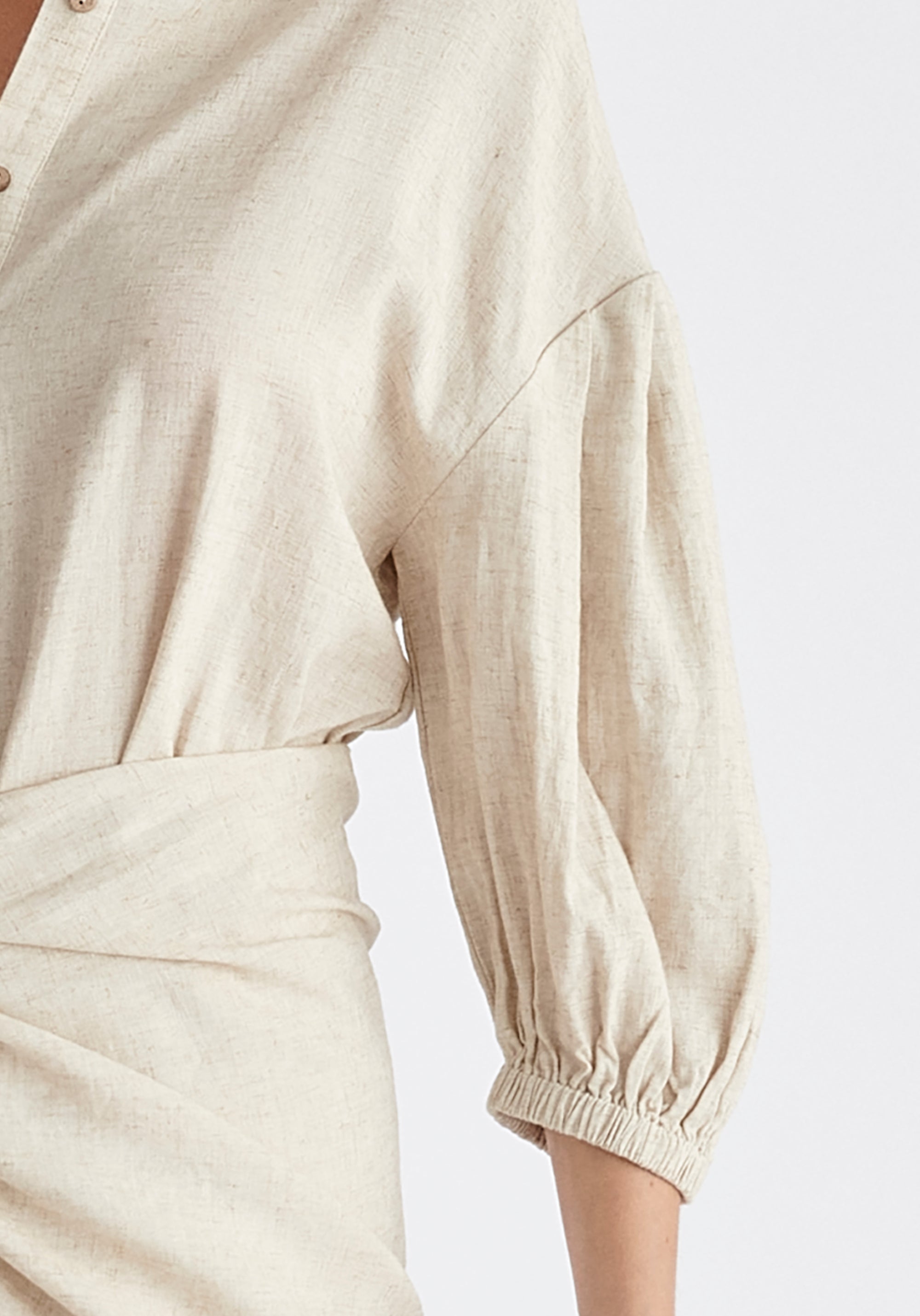 Linen Blend Shirt Dress in Oatmeal Close Up