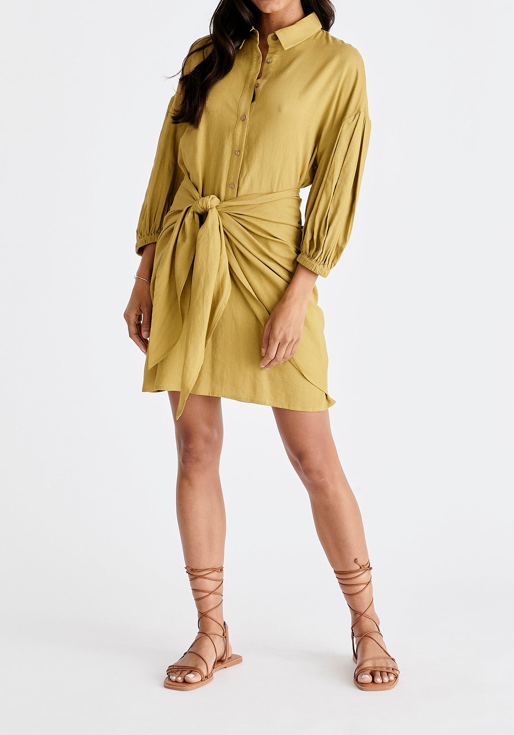 Linen Blend Shirt Dress in Olive