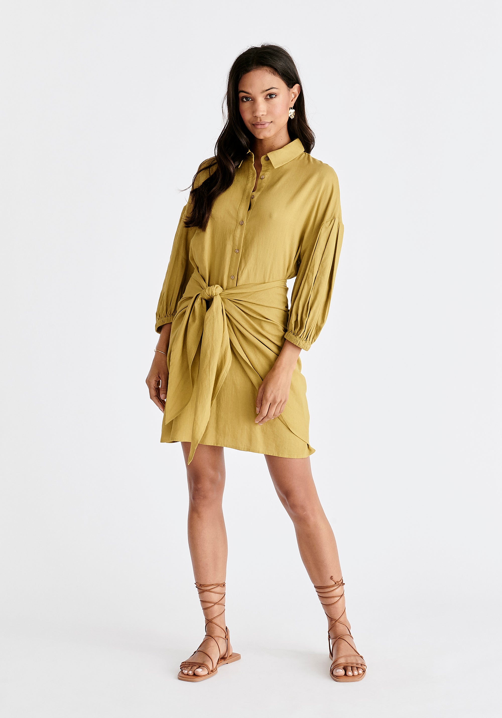 Linen Blend Shirt Dress in Olive