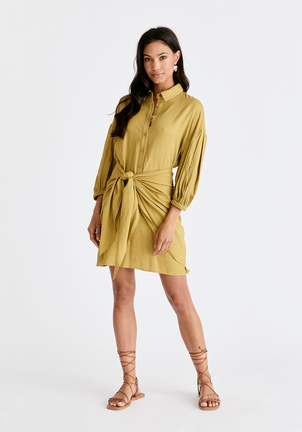 Linen Blend Shirt Dress in Olive