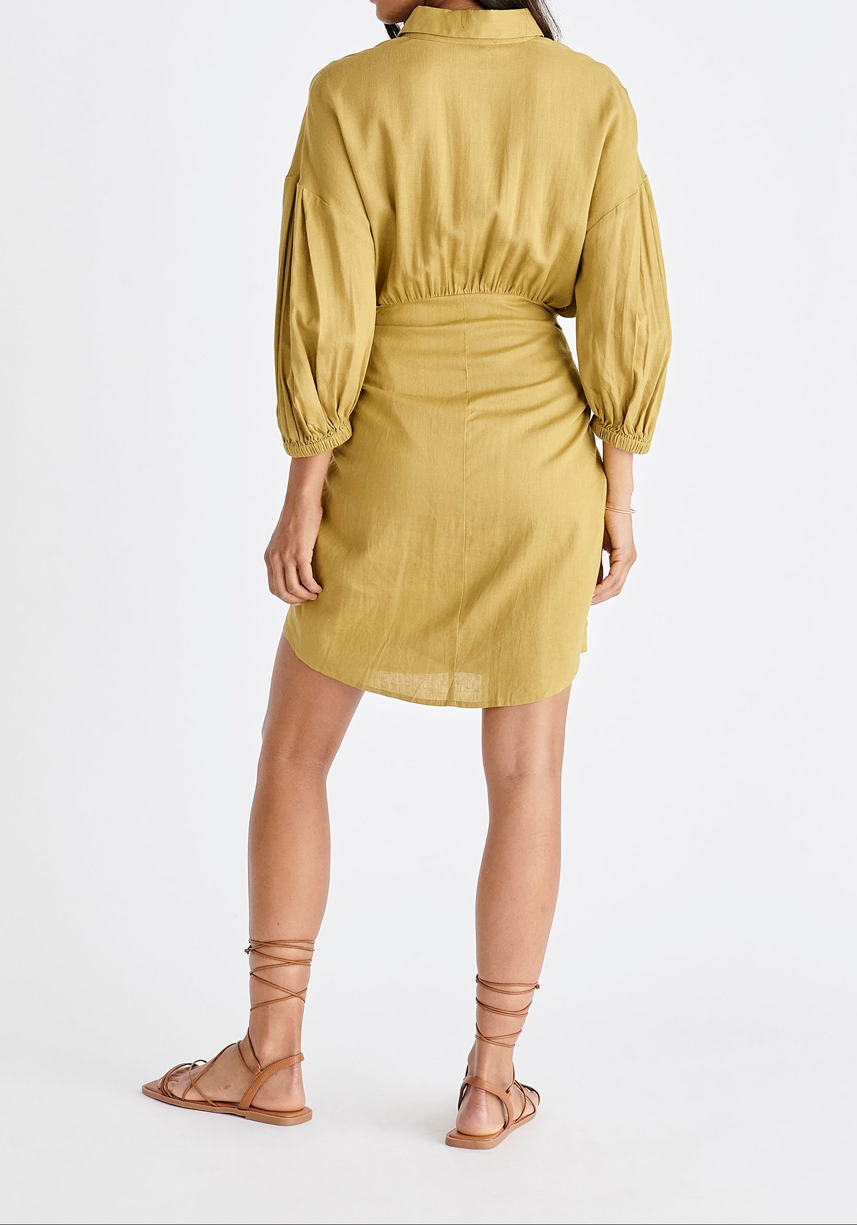 Linen Blend Shirt Dress in Olive Back
