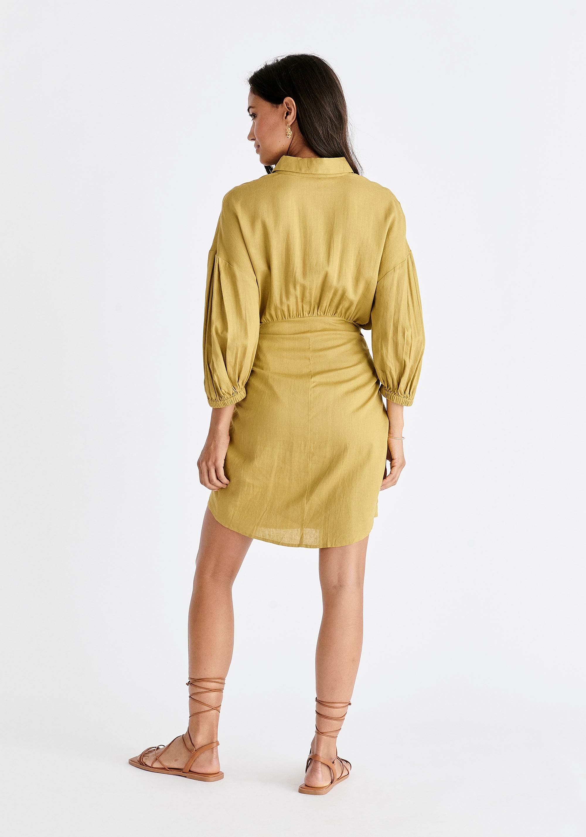 Linen Blend Shirt Dress in Olive Back