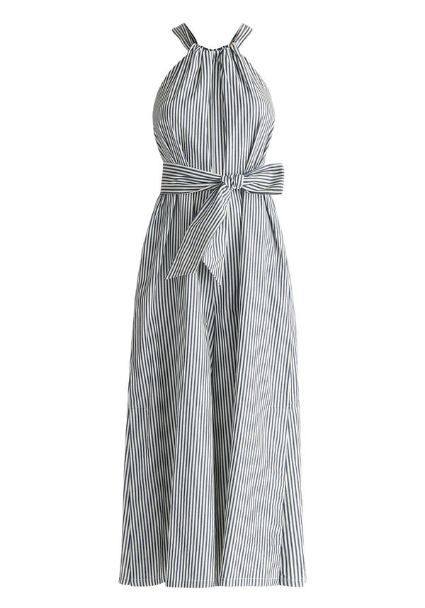 Striped Halterneck Cotton Jumpsuit in Navy and White Cut Out