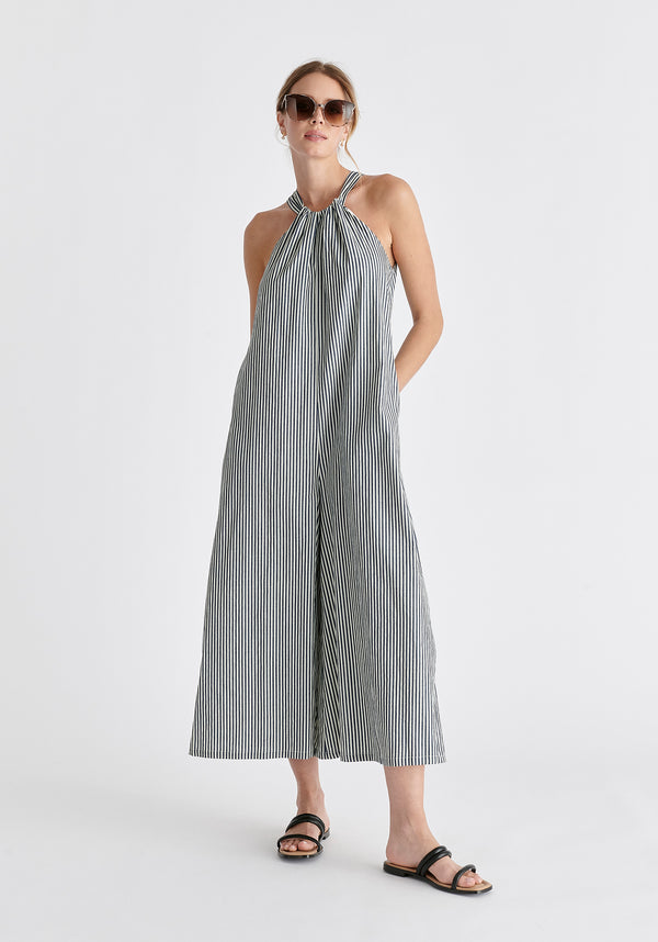 Striped Halterneck Cotton Jumpsuit in Navy and White