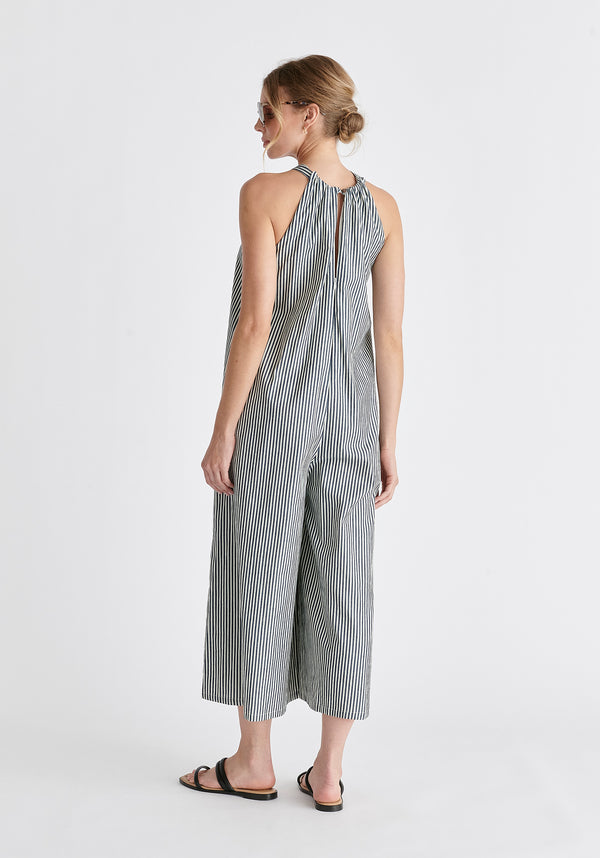 Striped Halterneck Cotton Jumpsuit in Navy and White Back