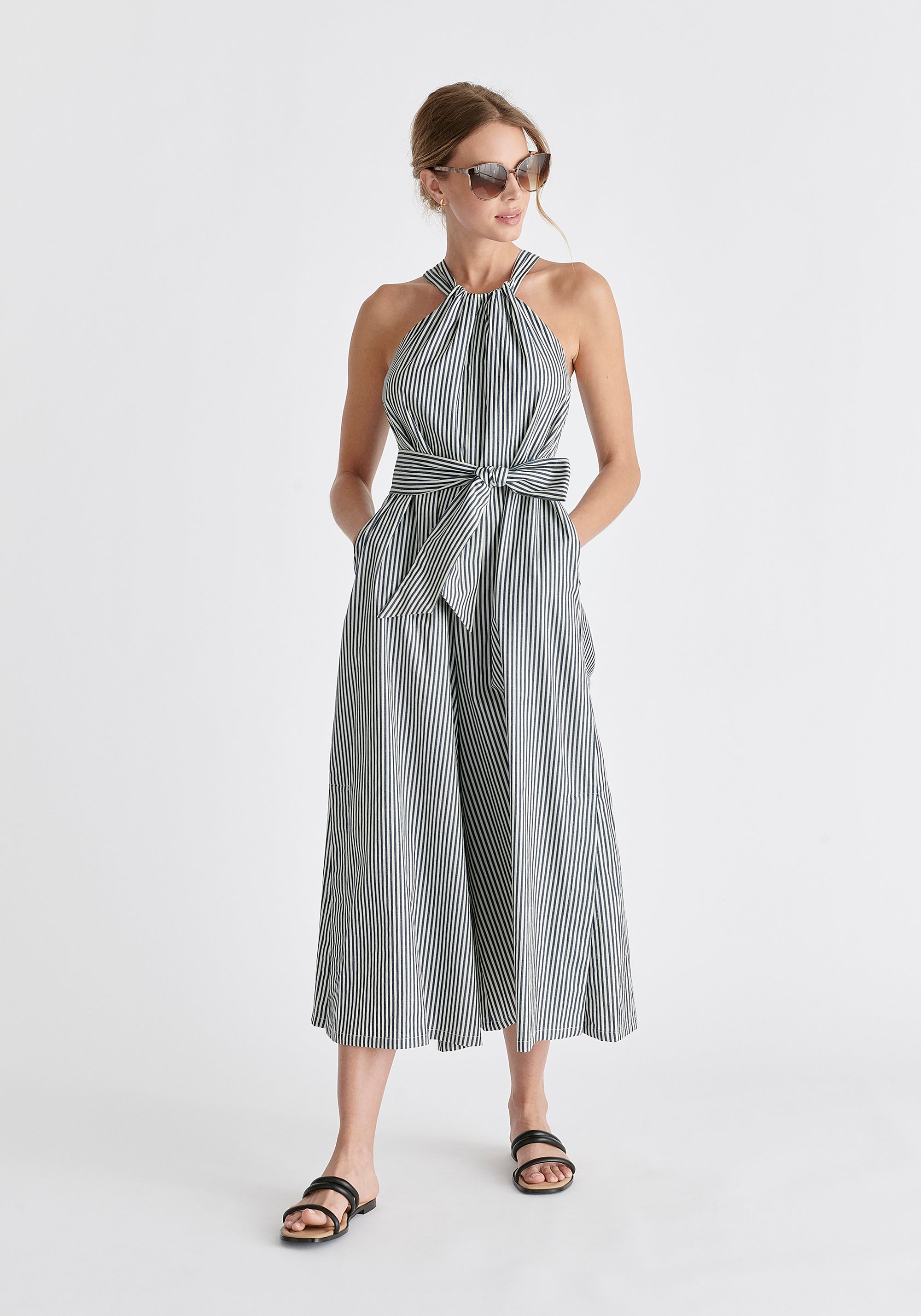Striped Halterneck Cotton Jumpsuit in Navy and White
