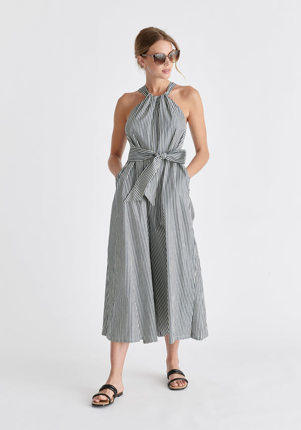 Striped Halterneck Cotton Jumpsuit in Navy and White