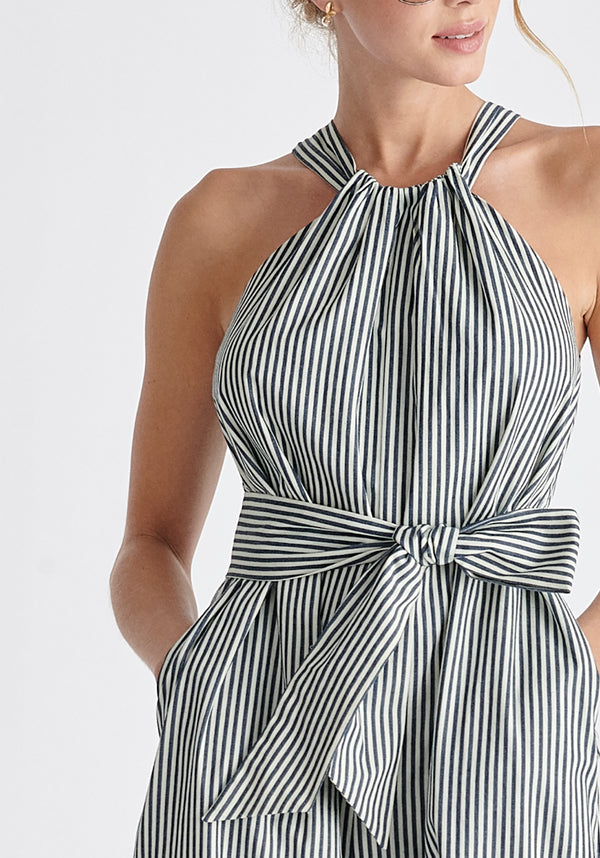 Striped Halterneck Cotton Jumpsuit in Navy and White Close Up