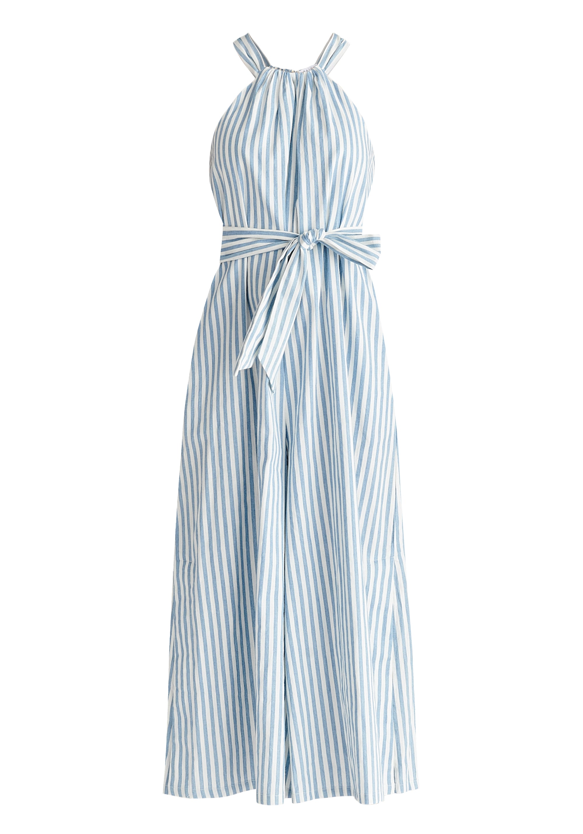 Striped Halterneck Cotton Jumpsuit in Light Blue and White Cut Out