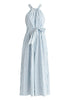 Striped Halterneck Cotton Jumpsuit in Light Blue and White Cut Out