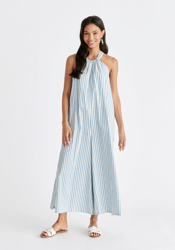 Striped Halterneck Cotton Jumpsuit in Light Blue and White