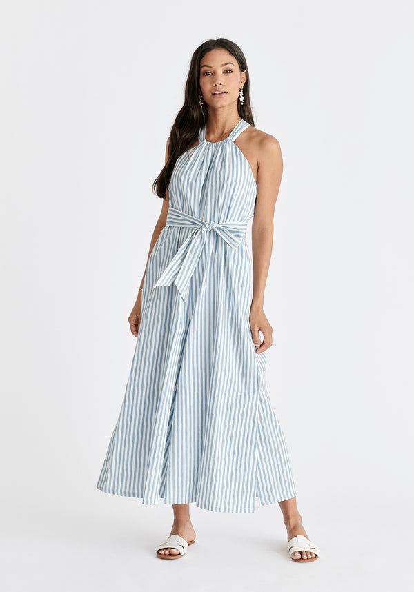 Striped Halterneck Cotton Jumpsuit in Light Blue and White