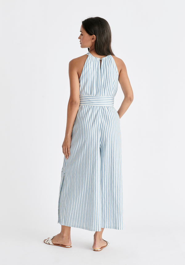 Striped Halterneck Cotton Jumpsuit in Light Blue and White Back