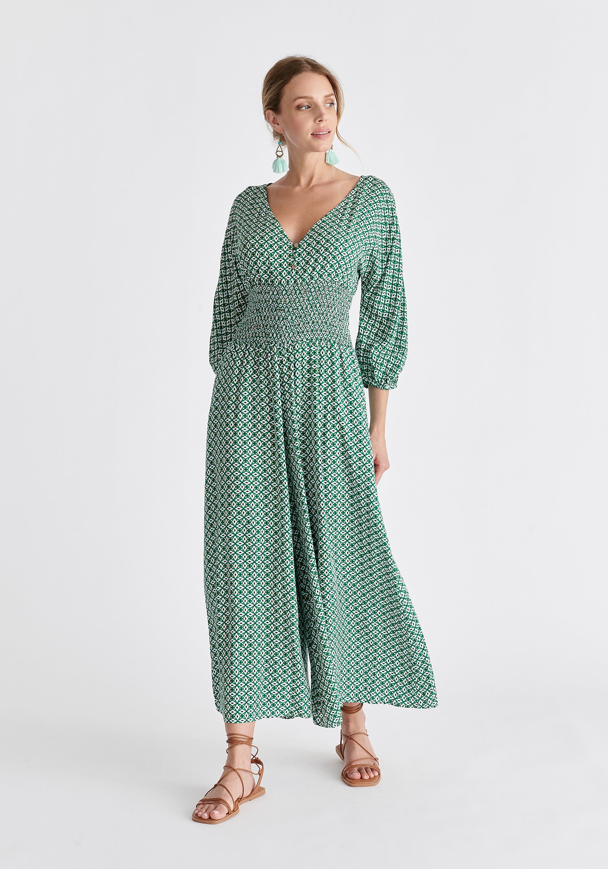 Boho V-Neck Jumpsuit in Green, White, Black and Cream