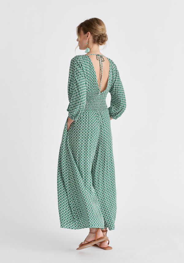 Boho V-Neck Jumpsuit in Green, White, Black and Cream Back