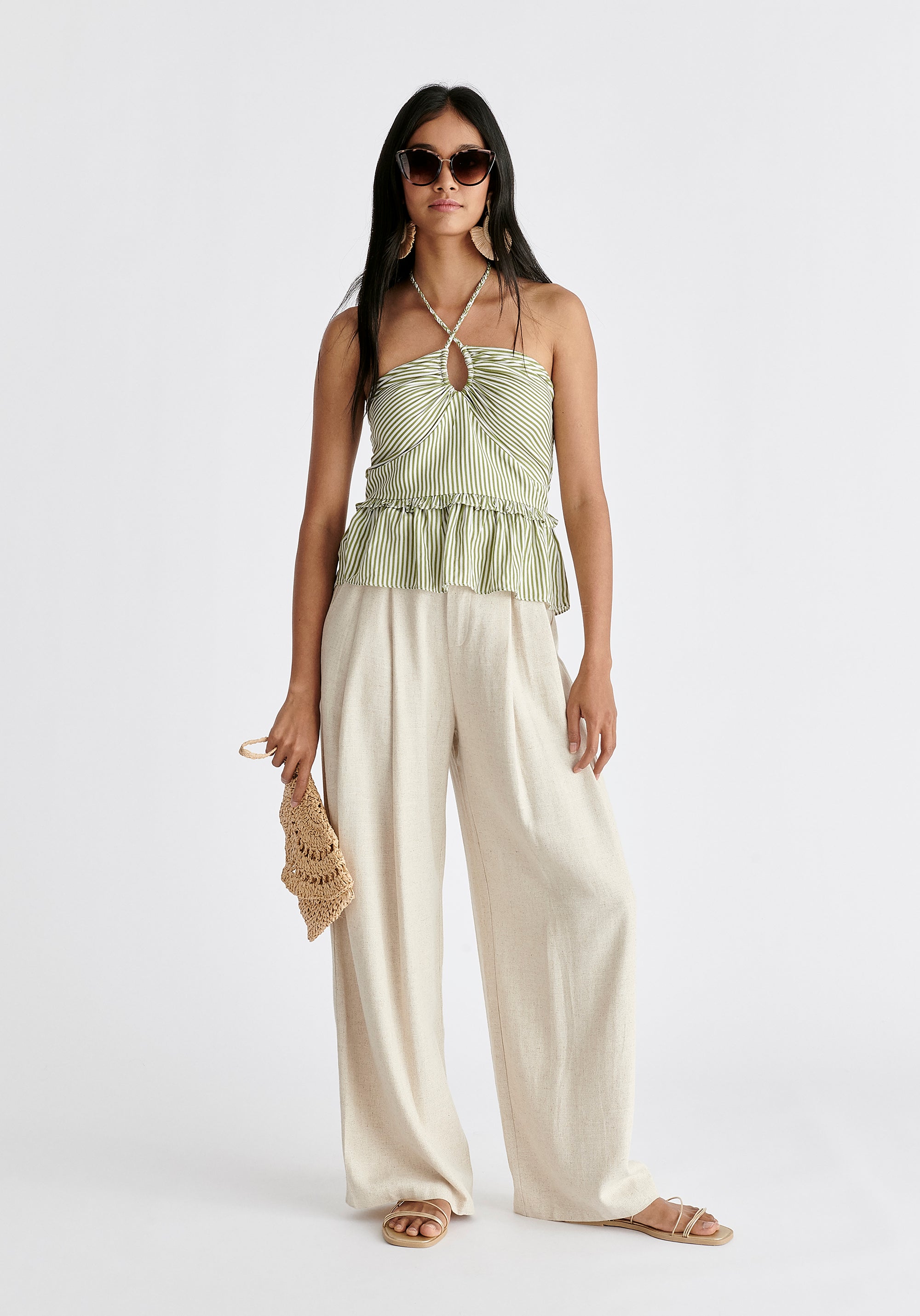 Halterneck Peplum Top in Green and White