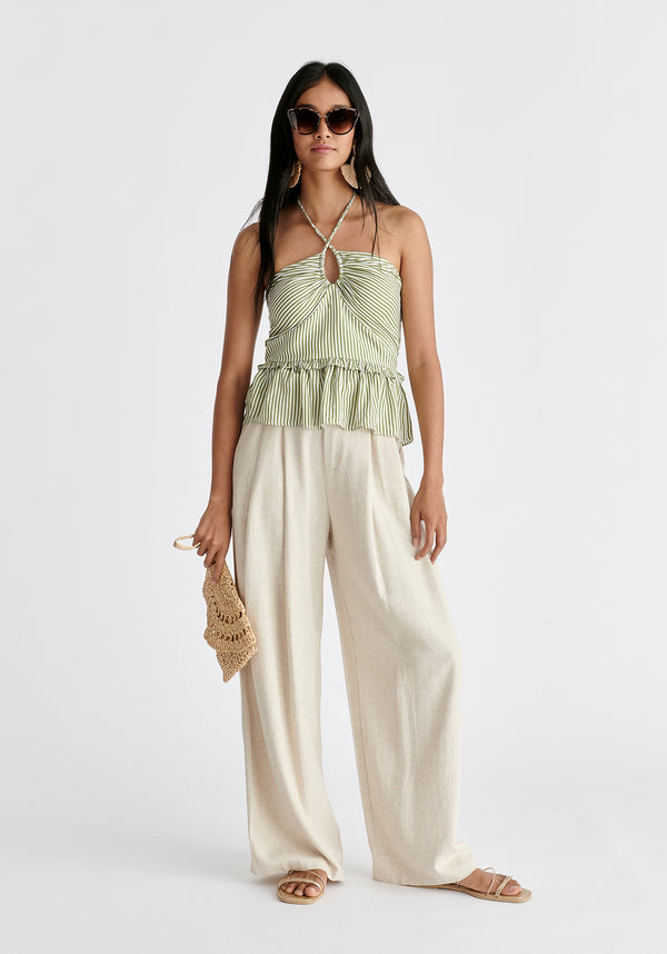 Halterneck Peplum Top in Green and White