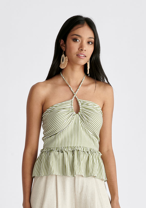 Halterneck Peplum Top in Green and White