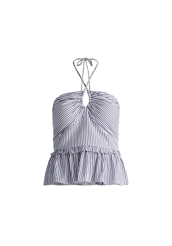 Halterneck Peplum Top in Blue and White Cut Out
