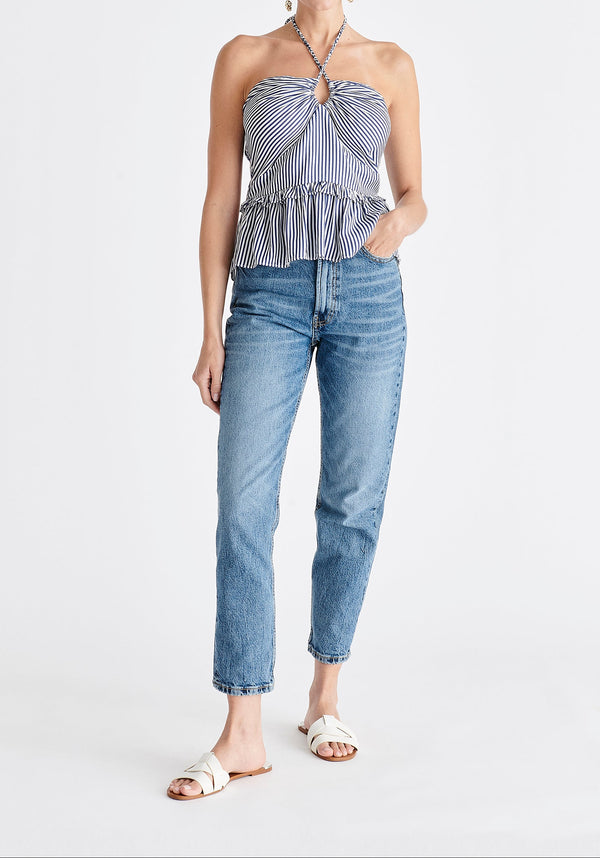 Halterneck Peplum Top in Blue and White